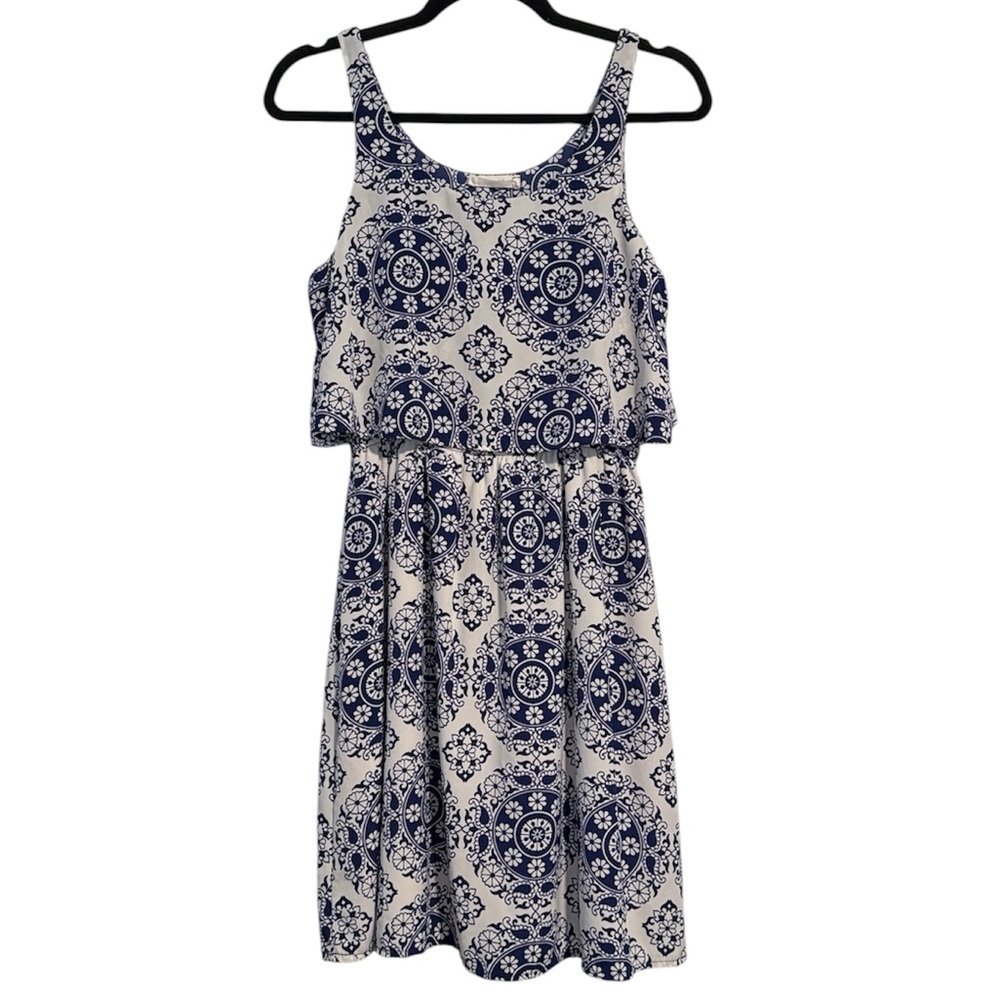 🖤 Peach Love California Blue and White Patterned Dress